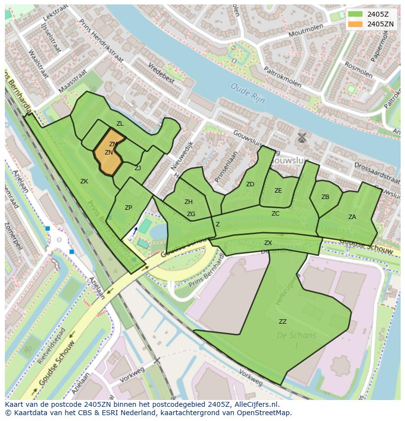 Afbeelding van het postcodegebied 2405 ZN op de kaart.