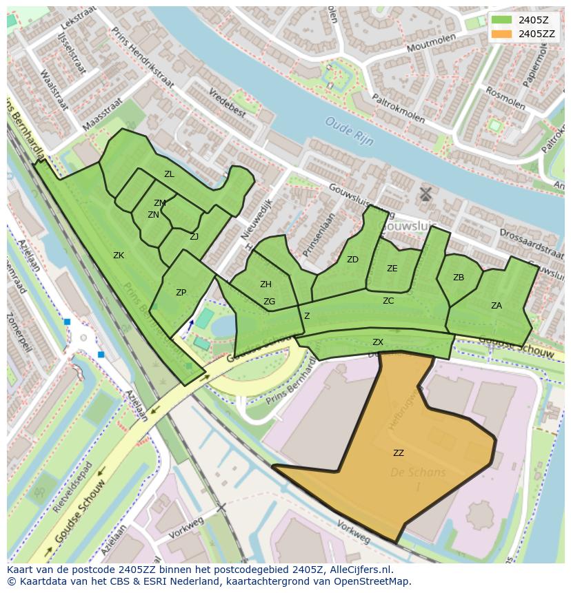 Afbeelding van het postcodegebied 2405 ZZ op de kaart.