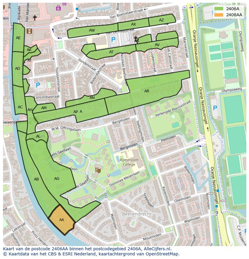 Afbeelding van het postcodegebied 2406 AA op de kaart.