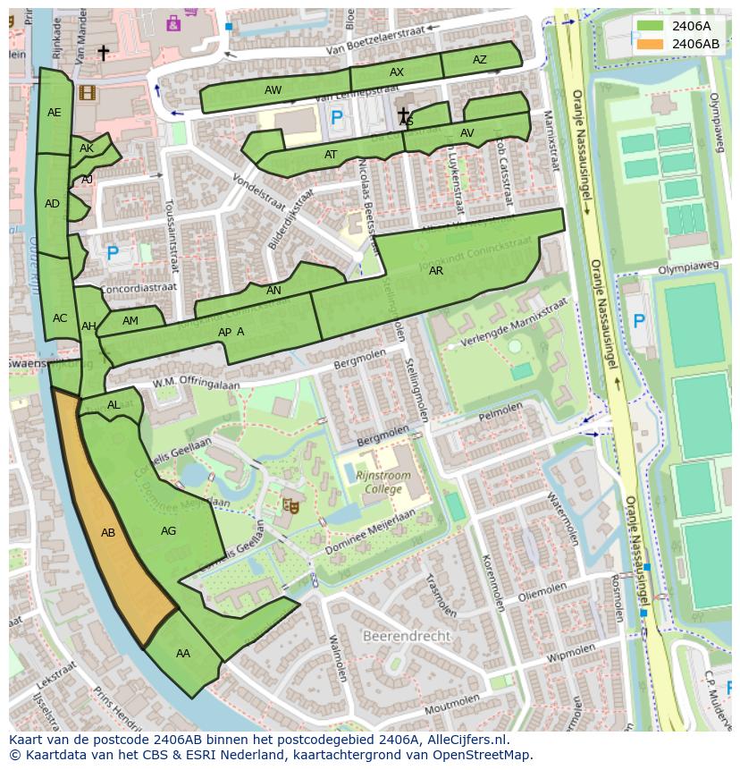 Afbeelding van het postcodegebied 2406 AB op de kaart.
