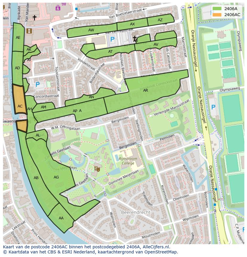 Afbeelding van het postcodegebied 2406 AC op de kaart.