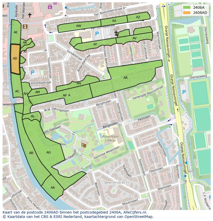 Afbeelding van het postcodegebied 2406 AD op de kaart.