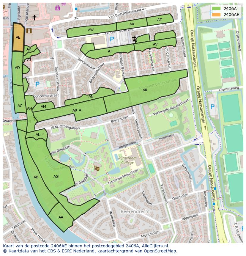 Afbeelding van het postcodegebied 2406 AE op de kaart.