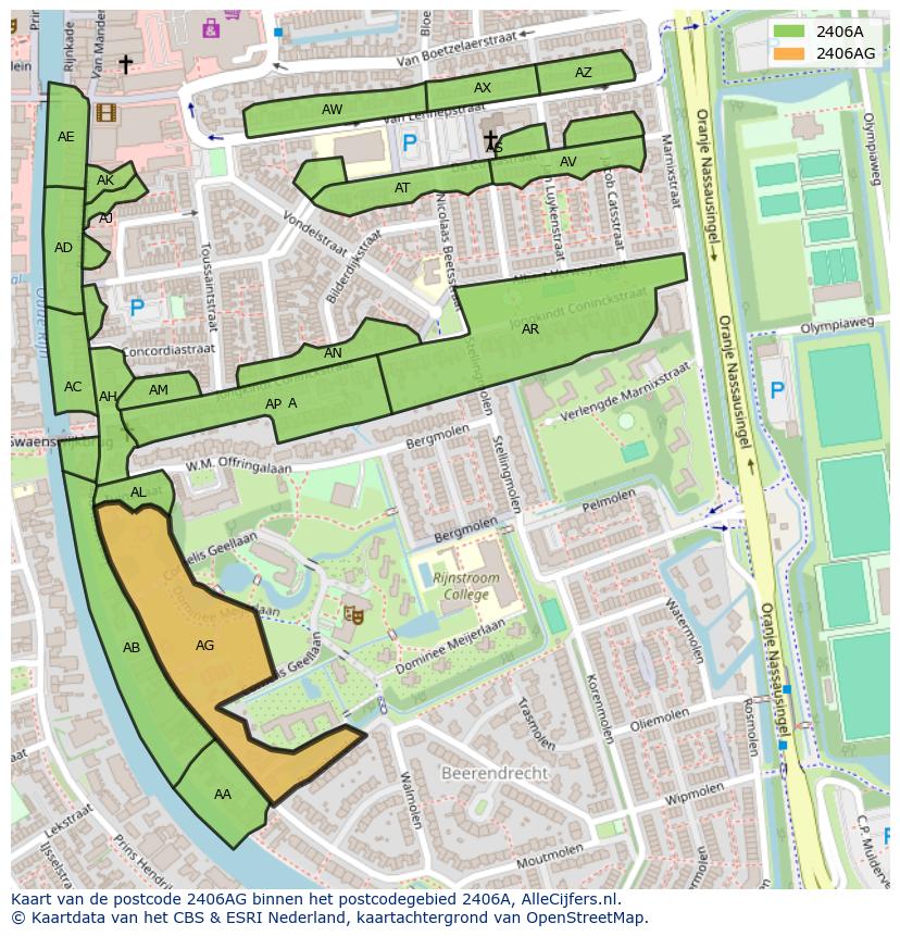Afbeelding van het postcodegebied 2406 AG op de kaart.