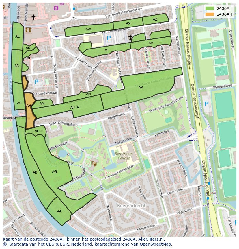 Afbeelding van het postcodegebied 2406 AH op de kaart.