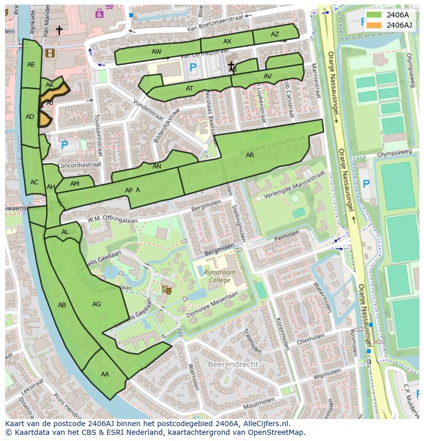 Afbeelding van het postcodegebied 2406 AJ op de kaart.
