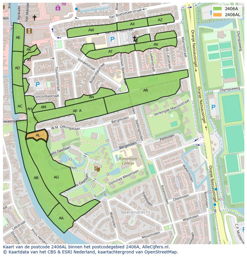 Afbeelding van het postcodegebied 2406 AL op de kaart.