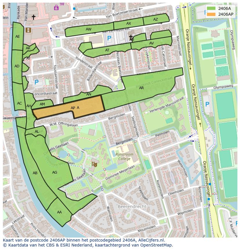 Afbeelding van het postcodegebied 2406 AP op de kaart.