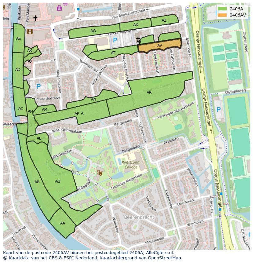 Afbeelding van het postcodegebied 2406 AV op de kaart.