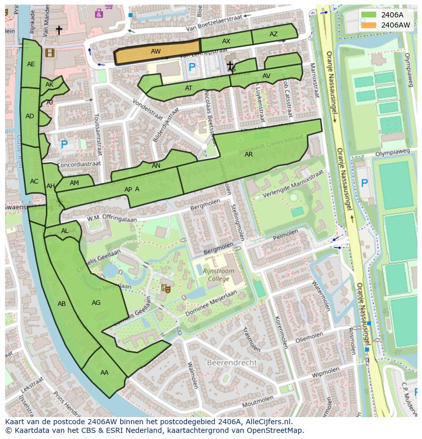Afbeelding van het postcodegebied 2406 AW op de kaart.