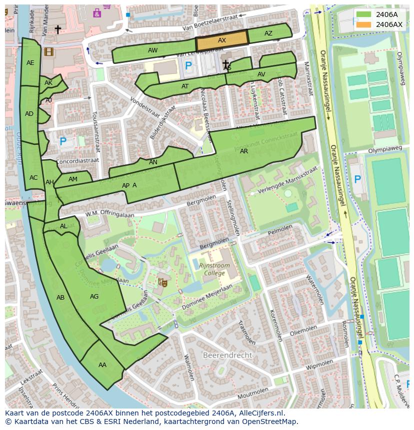 Afbeelding van het postcodegebied 2406 AX op de kaart.