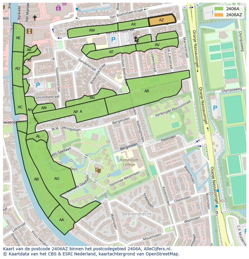 Afbeelding van het postcodegebied 2406 AZ op de kaart.