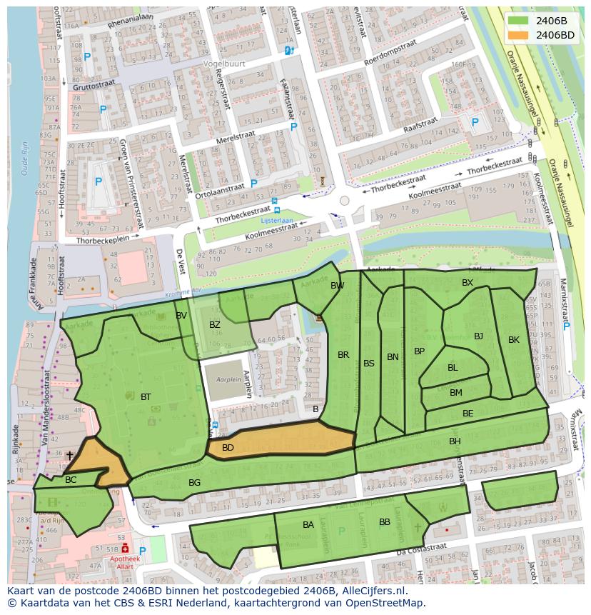 Afbeelding van het postcodegebied 2406 BD op de kaart.