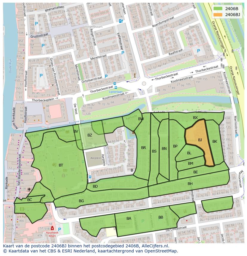 Afbeelding van het postcodegebied 2406 BJ op de kaart.
