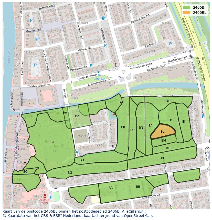 Afbeelding van het postcodegebied 2406 BL op de kaart.