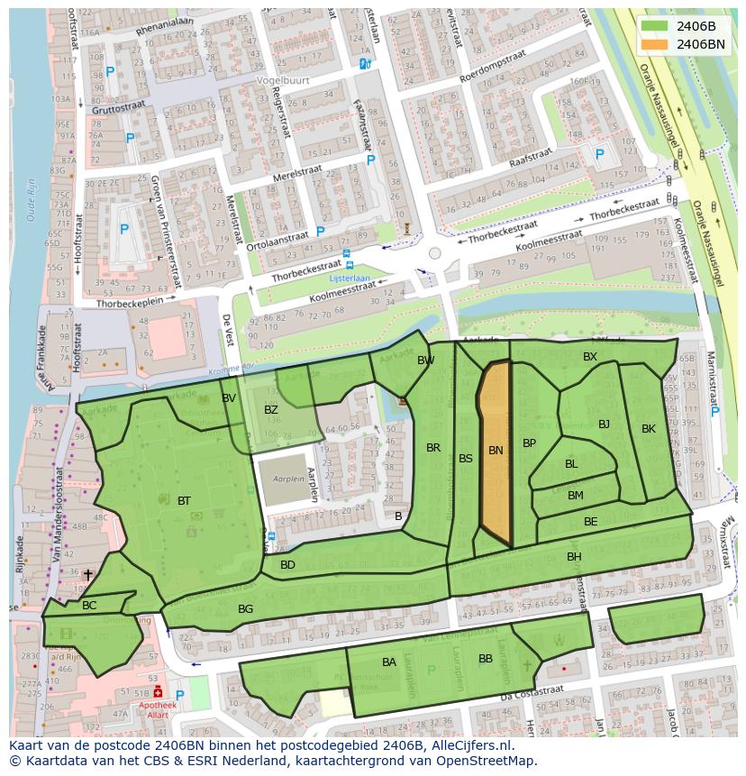 Afbeelding van het postcodegebied 2406 BN op de kaart.
