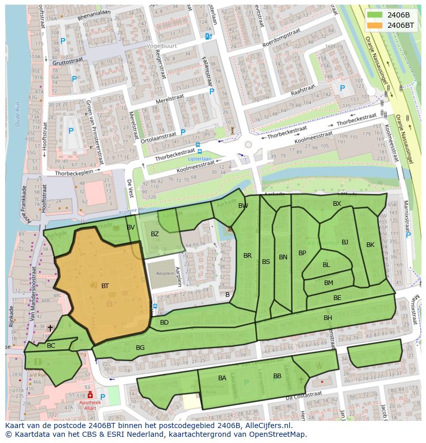Afbeelding van het postcodegebied 2406 BT op de kaart.
