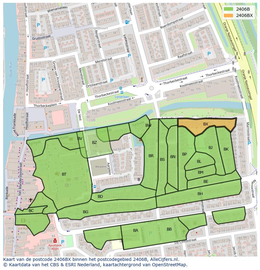Afbeelding van het postcodegebied 2406 BX op de kaart.