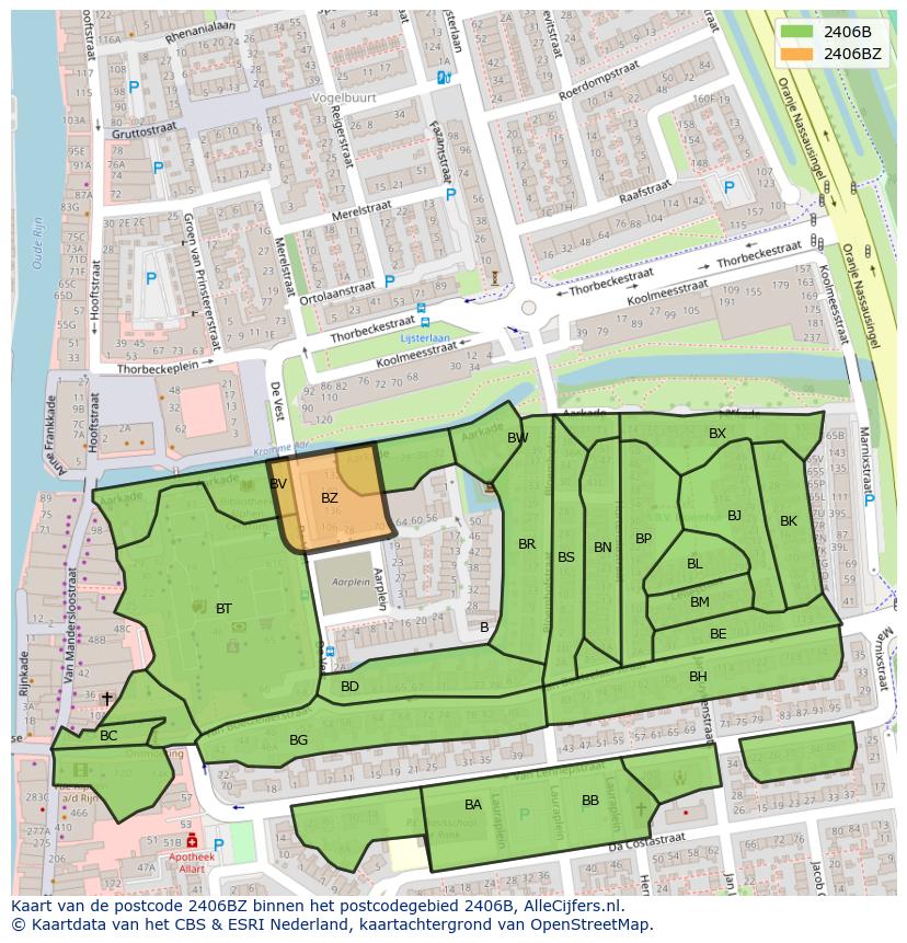 Afbeelding van het postcodegebied 2406 BZ op de kaart.