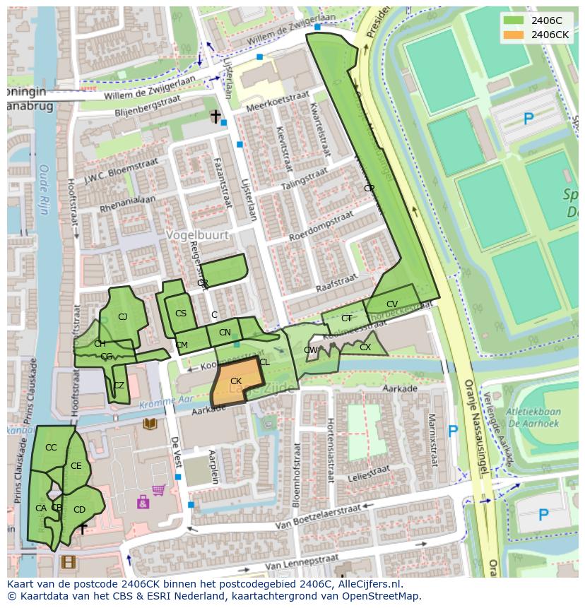 Afbeelding van het postcodegebied 2406 CK op de kaart.