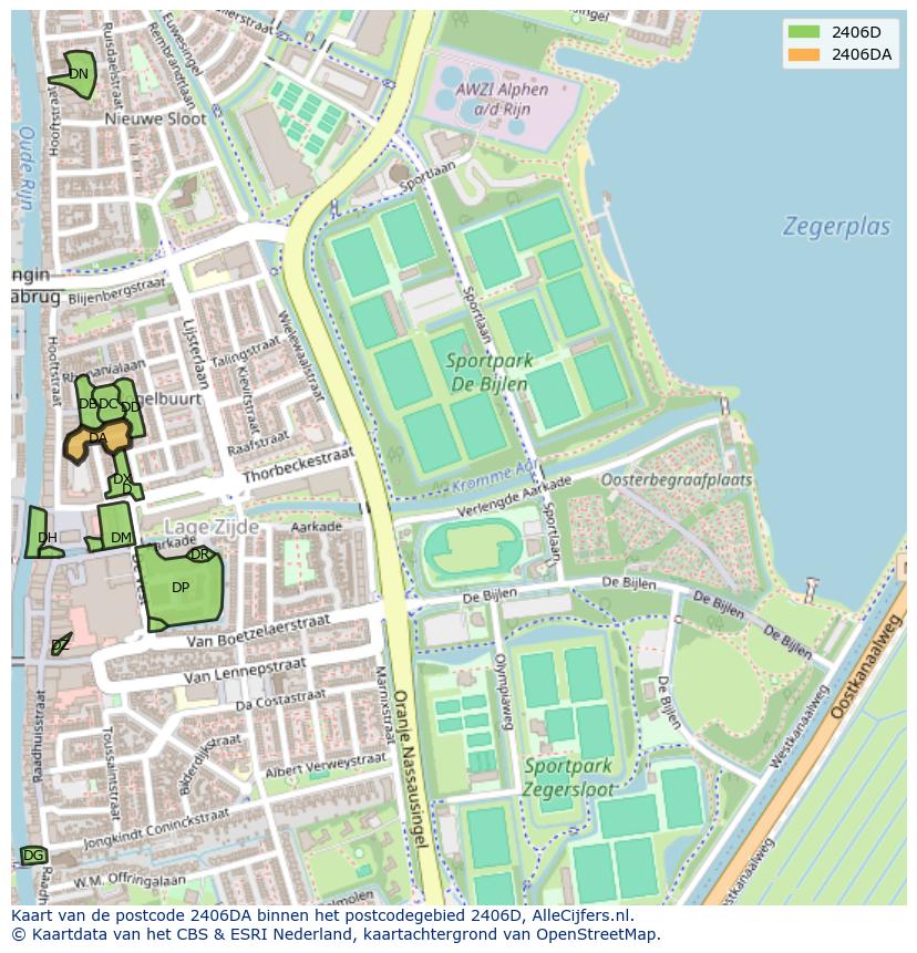 Afbeelding van het postcodegebied 2406 DA op de kaart.