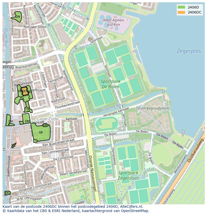 Afbeelding van het postcodegebied 2406 DC op de kaart.