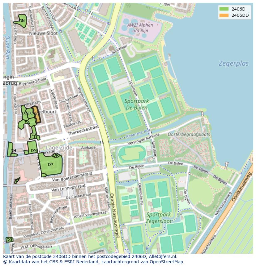 Afbeelding van het postcodegebied 2406 DD op de kaart.