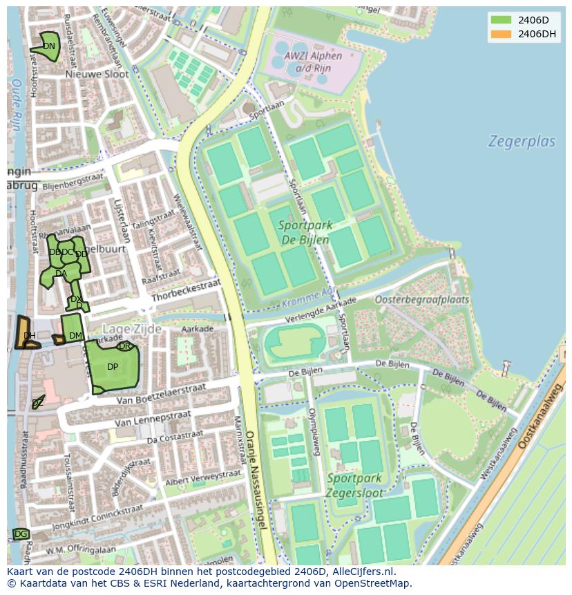 Afbeelding van het postcodegebied 2406 DH op de kaart.