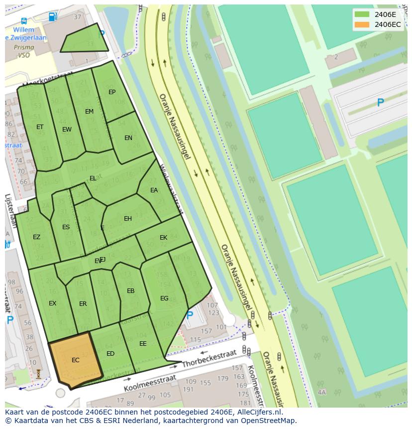Afbeelding van het postcodegebied 2406 EC op de kaart.