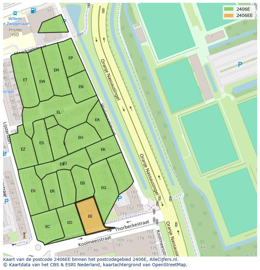 Afbeelding van het postcodegebied 2406 EE op de kaart.