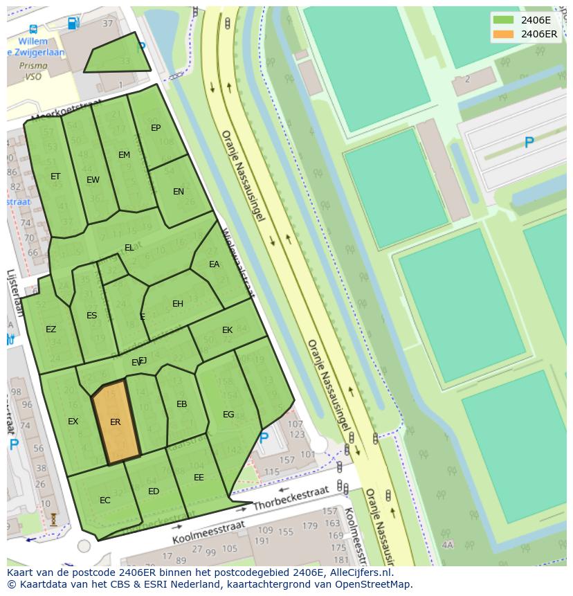 Afbeelding van het postcodegebied 2406 ER op de kaart.