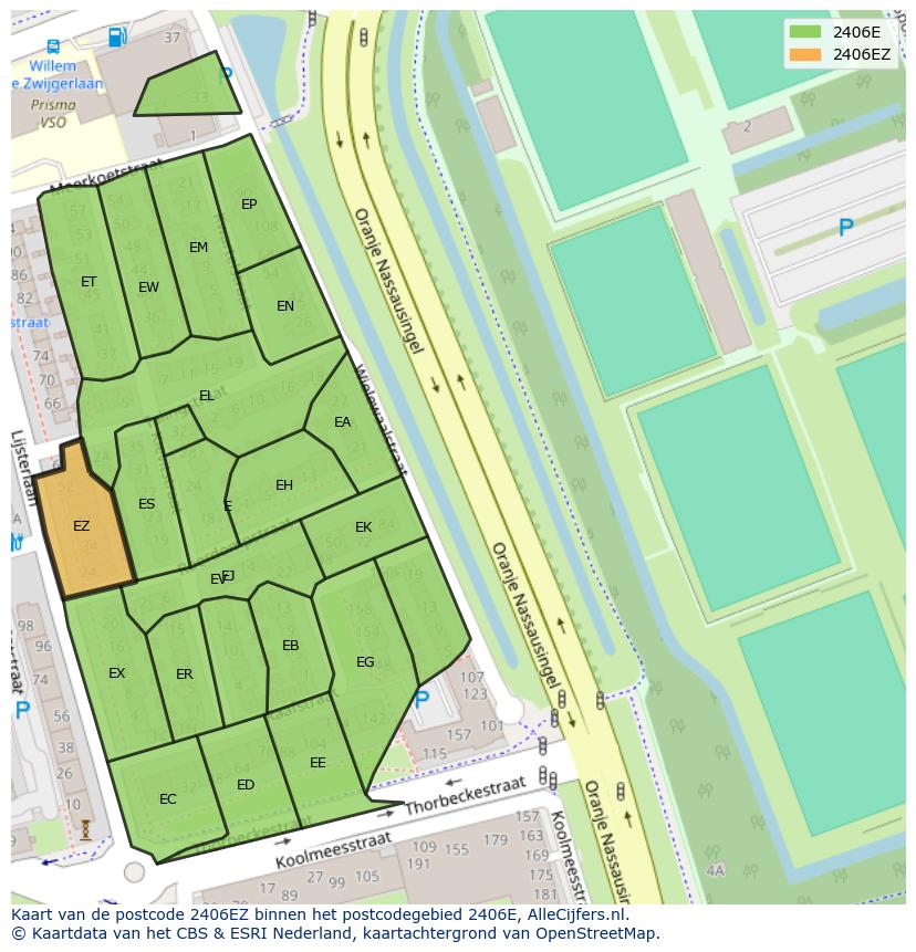 Afbeelding van het postcodegebied 2406 EZ op de kaart.