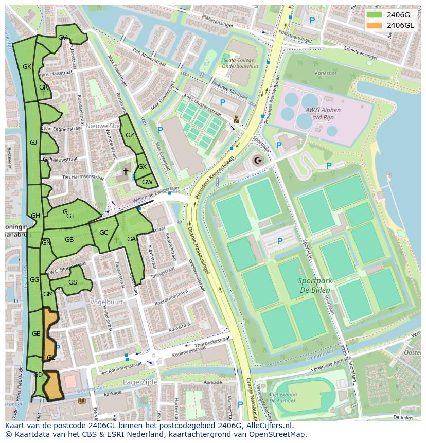 Afbeelding van het postcodegebied 2406 GL op de kaart.