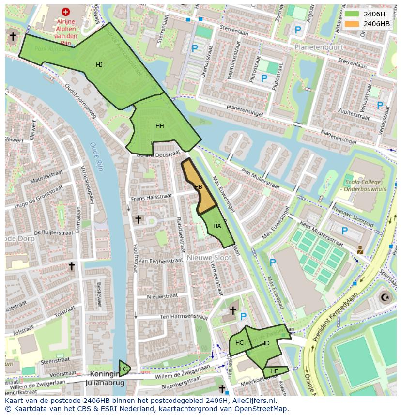 Afbeelding van het postcodegebied 2406 HB op de kaart.