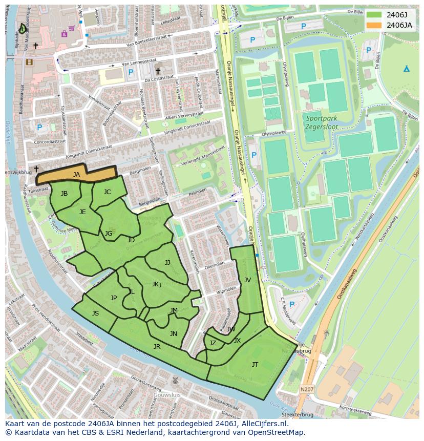 Afbeelding van het postcodegebied 2406 JA op de kaart.