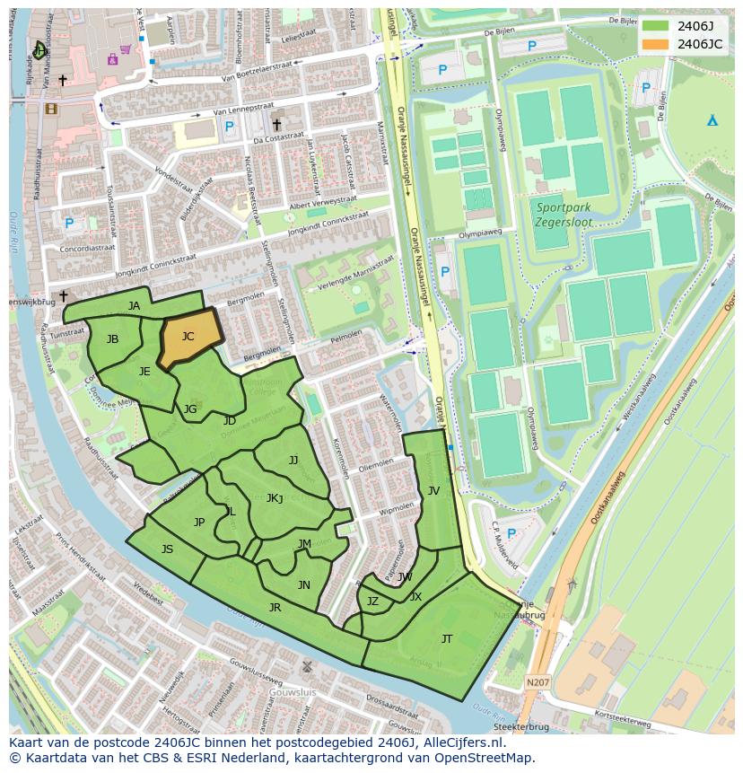 Afbeelding van het postcodegebied 2406 JC op de kaart.