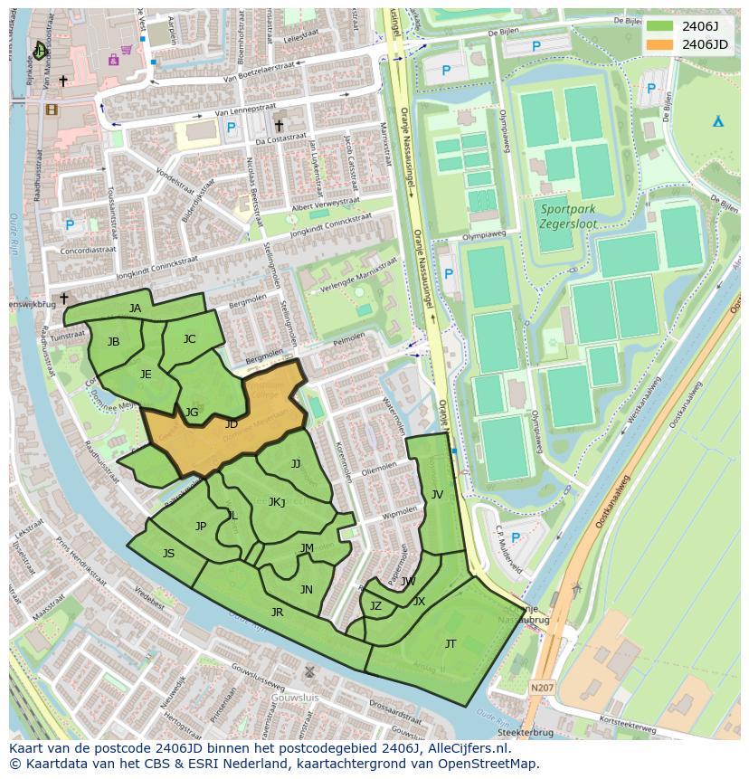 Afbeelding van het postcodegebied 2406 JD op de kaart.