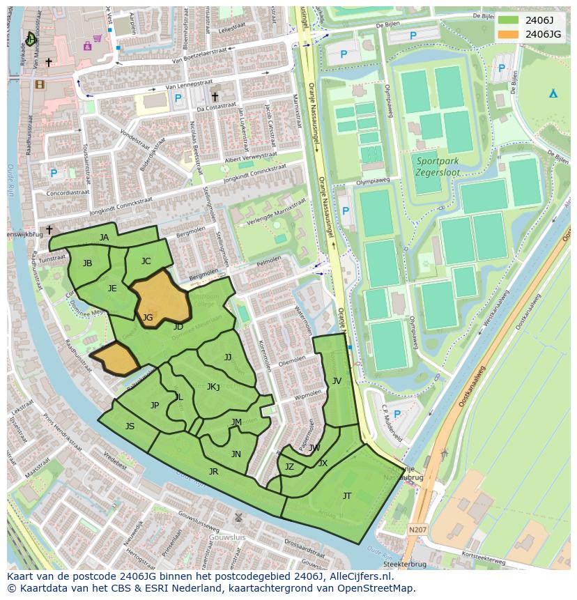 Afbeelding van het postcodegebied 2406 JG op de kaart.