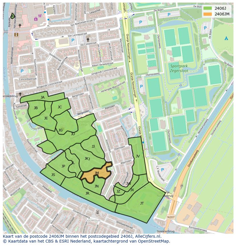 Afbeelding van het postcodegebied 2406 JM op de kaart.