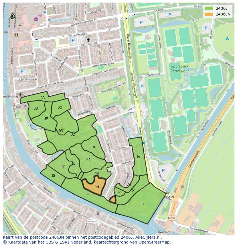 Afbeelding van het postcodegebied 2406 JN op de kaart.