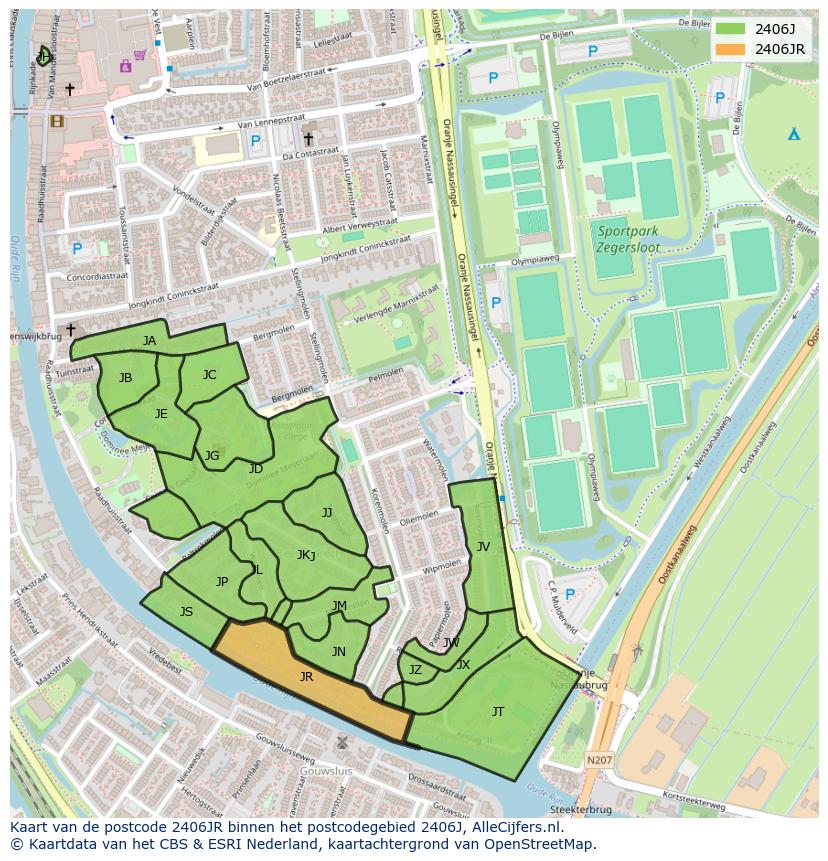 Afbeelding van het postcodegebied 2406 JR op de kaart.