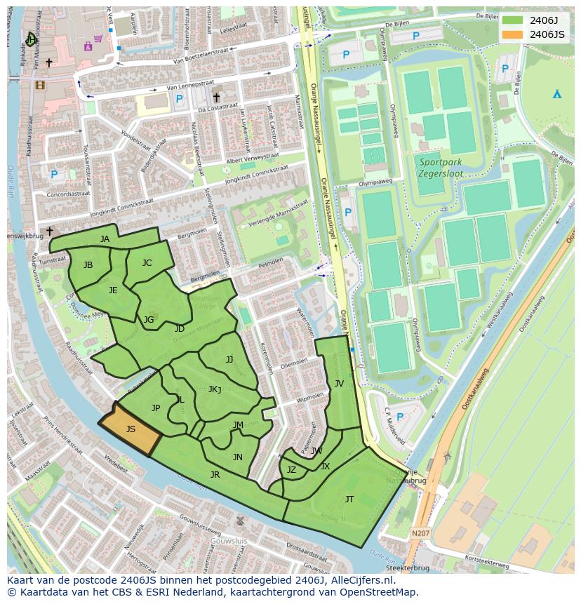 Afbeelding van het postcodegebied 2406 JS op de kaart.