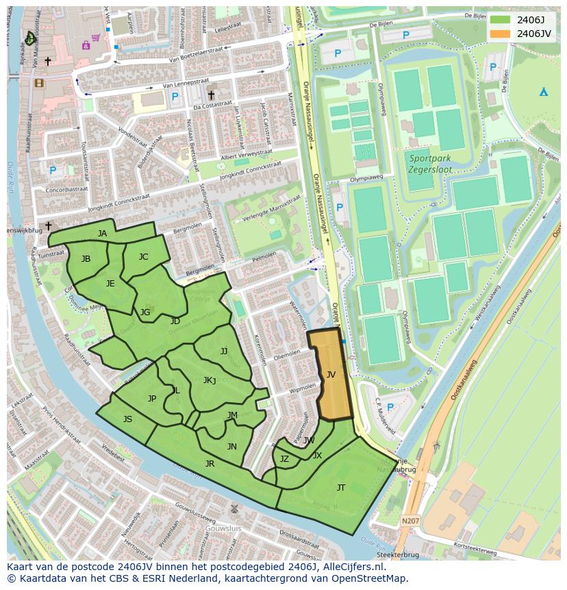 Afbeelding van het postcodegebied 2406 JV op de kaart.