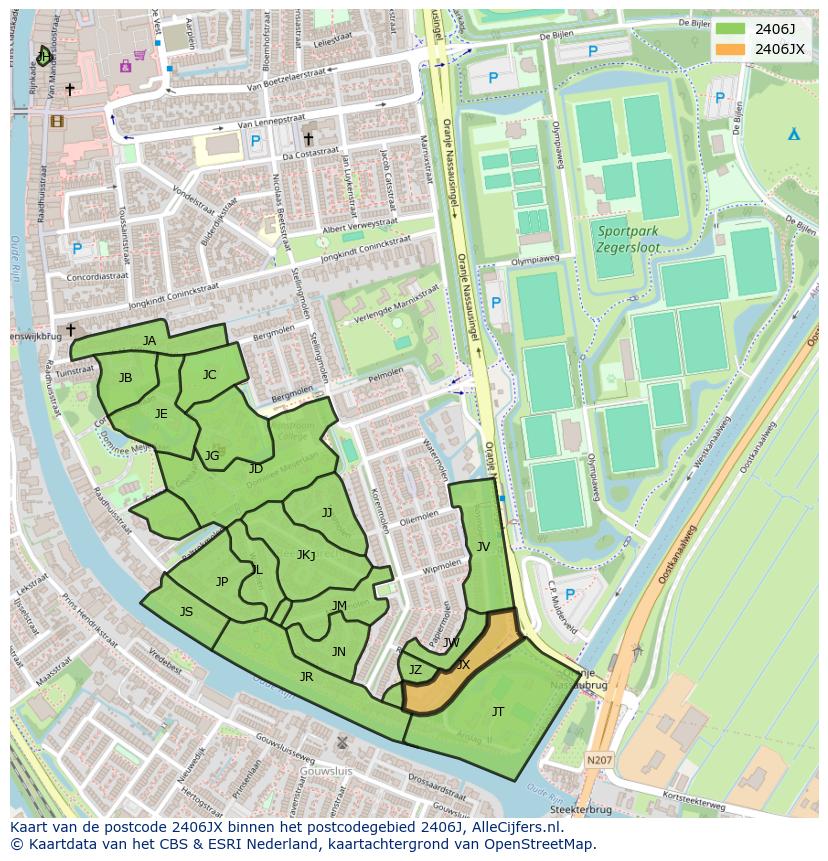 Afbeelding van het postcodegebied 2406 JX op de kaart.