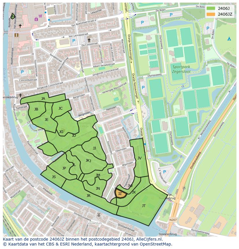 Afbeelding van het postcodegebied 2406 JZ op de kaart.