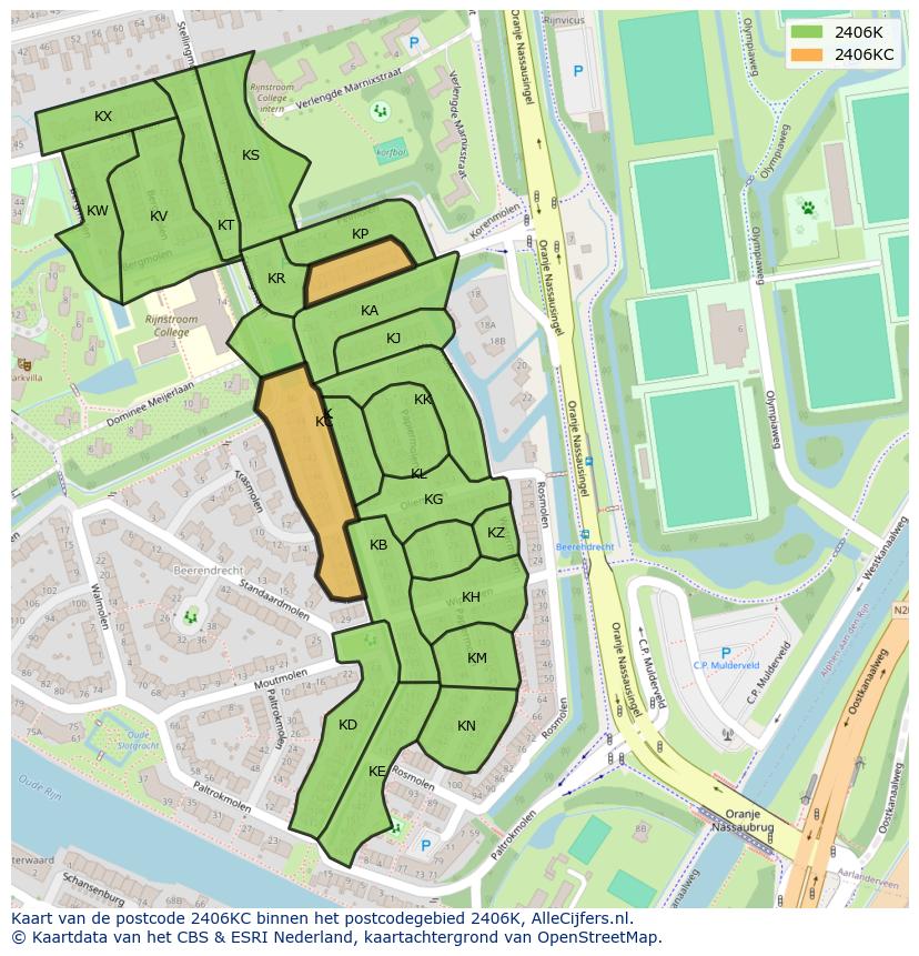 Afbeelding van het postcodegebied 2406 KC op de kaart.