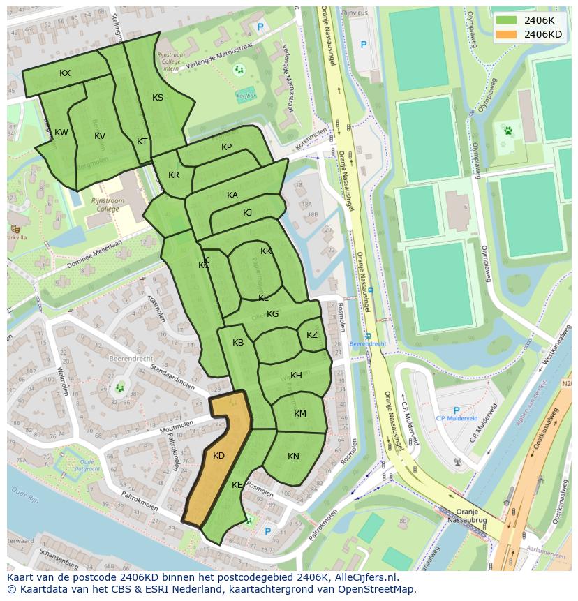 Afbeelding van het postcodegebied 2406 KD op de kaart.