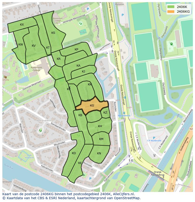 Afbeelding van het postcodegebied 2406 KG op de kaart.