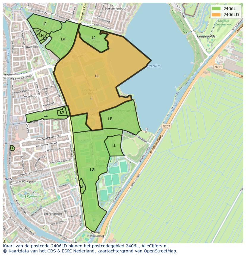 Afbeelding van het postcodegebied 2406 LD op de kaart.