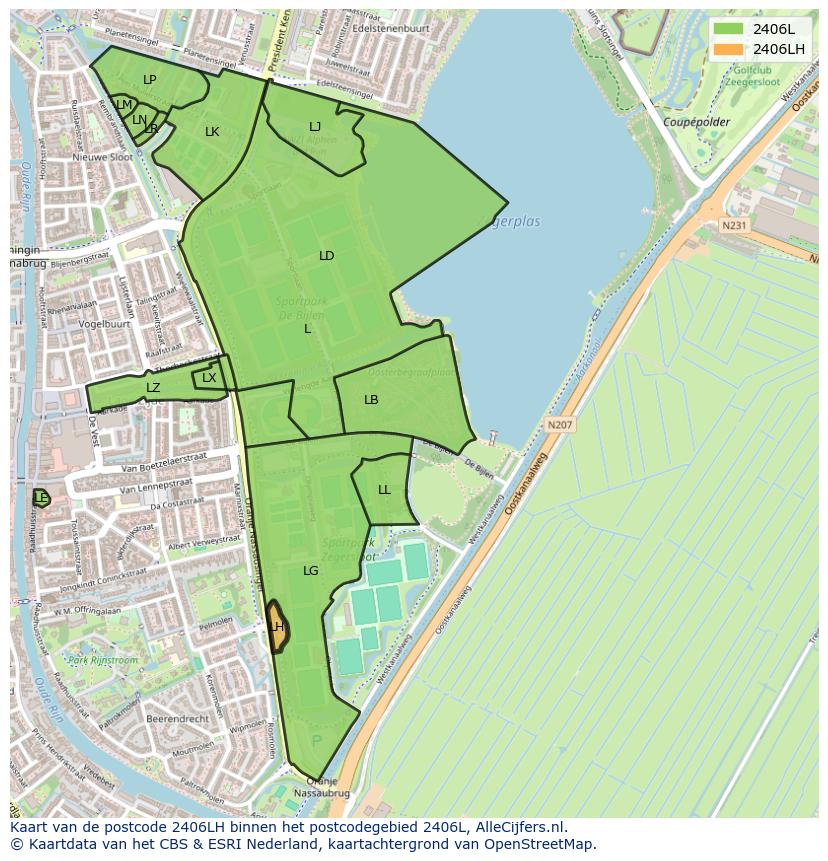 Afbeelding van het postcodegebied 2406 LH op de kaart.